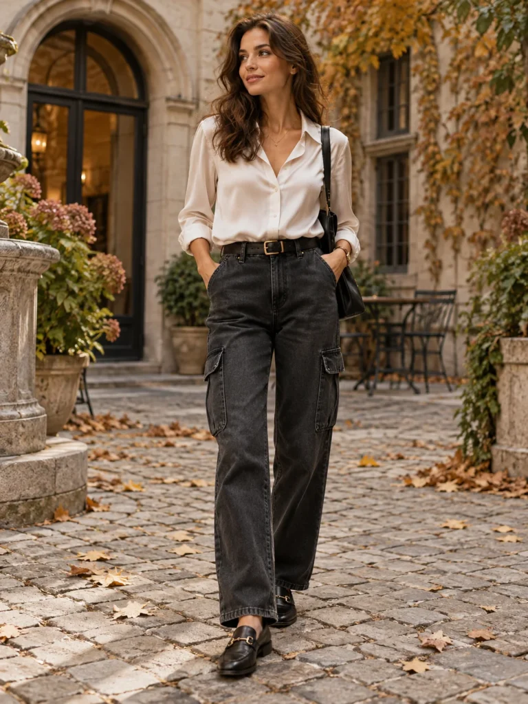 Cargo farmer elegáns blúzzal és loaferrel
